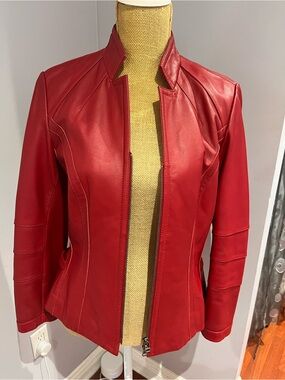 Danier Cherry Red Genuine Leather Moto Jacket Floral Lining Small